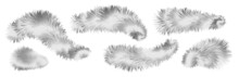 Bushy Gray Fox Fur, Furry Striped Brushes And Pompoms, Fuzzy And Flocky Hair Shapes, Winter Design Elements Isolated On White Background. Vector Illustration