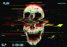 Vector GLITCH ART Screaming Skull Illustration In The Style Of Old TV And VHS And RGB Mode Corrupted Graphics Signal On Black Background.