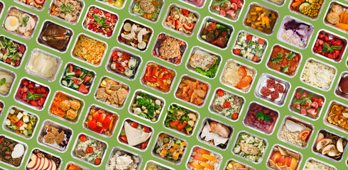 Wall Mural - Diverse Tasty Healthy Meals Packed In Take Away Foil Containers, Creative Collage