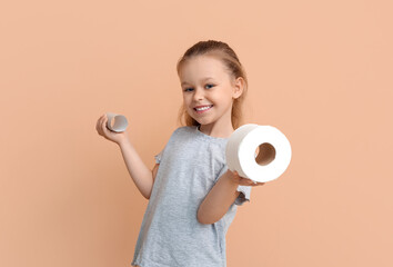 Wall Mural - Little girl with toilet paper on color background