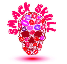 Smack Skull. Funny Vector Illustration Of Skull Covered In Kisses And Lipstick Prints In Colorful Pop Art Style.