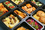 Fototapeta Paryż - Food delivery containers with different delicious meals, closeup