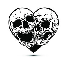 Vector Illustration Of Two Black And White Skulls Inside A Heart In The Style Of Tattoo Designs