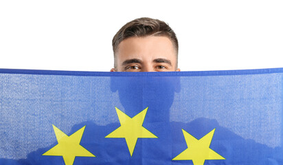 Sticker - Young man with flag of European Union on white background