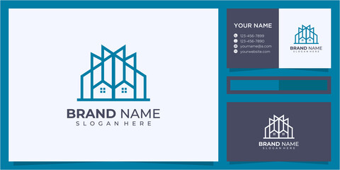 two house and clean line building logo design template. blue color building logo design concept