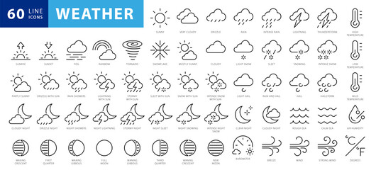 weather forecast - outline web icon set, vector, thin line icons collection