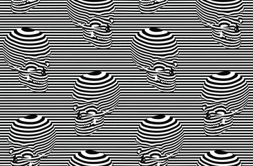 Sticker - Vector seamless pattern illustration of skulls in black and white horizontal stripes on black and white striped background. 