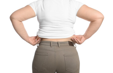 Sticker - Overweight woman in tight t-shirt and trousers on white background, closeup. Back view