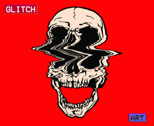 Glitch Art. Vector Illustration Of Psychedelic Glitched Skull On Red Background.