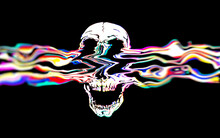 Glitch Art Melting Colors Screaming Skull In Psychedelic 60's Design Style On Black Background. 