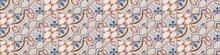White Brown Blue Vintage Retro Geometric Square Mosaic Motif Cement Tiles Texture Background Banner Panorama