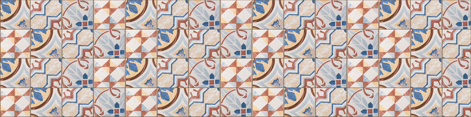 Aufkleber - White brown blue vintage retro geometric square mosaic motif cement tiles texture background banner panorama