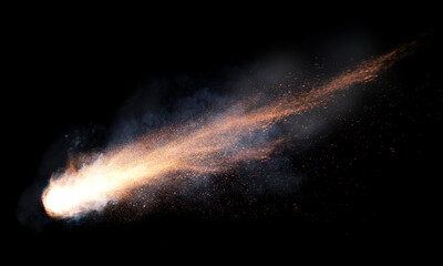 texture of a falling comet with sparks, smoke and a trail of particles, isolated on a black backgrou