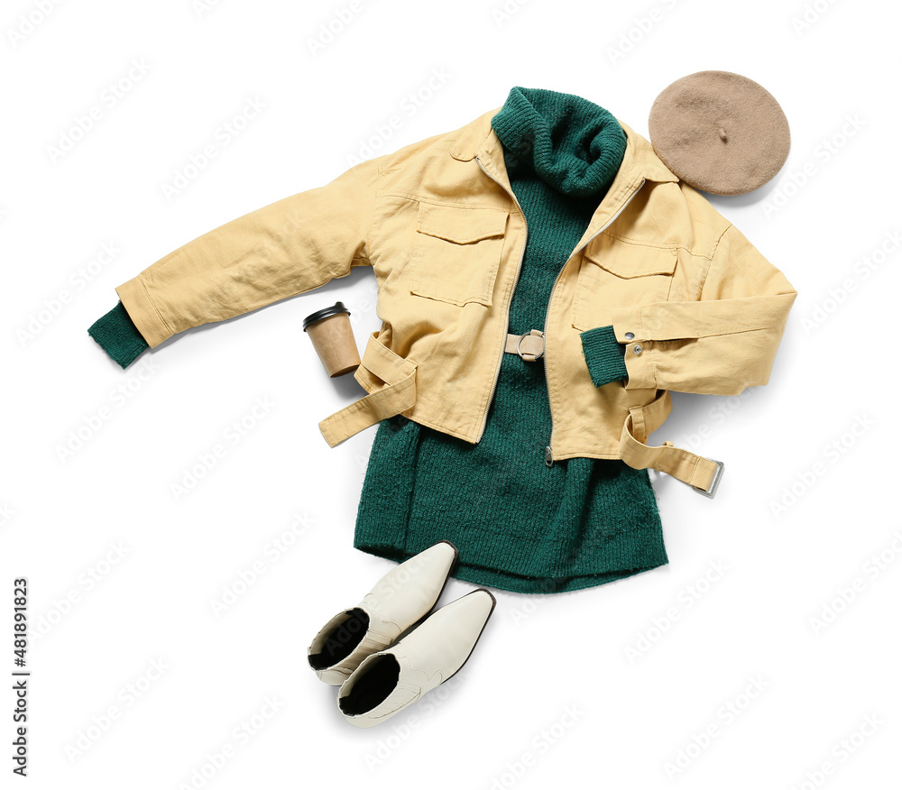 Trendy female clothes and shoes on white background