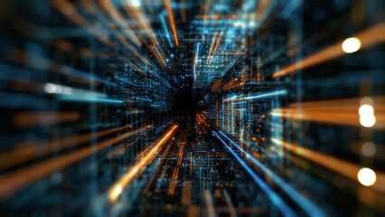 Wall Mural - technology background with futuristic tunnel. blue and orange neon glow colors. speed of light, big 
