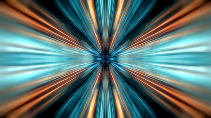 Wall Mural - abstract space or time travel concept background. futuristic sci fi warp tunnel with blue and orange
