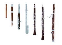 Wind Classical Orchestral Musical Instrument Icons Set Isolated On White. Wooden And Block Flute, Small Piccolo And Bass Flute, Bassoon, Clarinet And Oboe. Vector Illustration In Flat Cartoon Style.