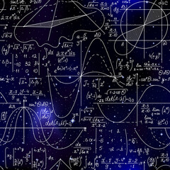 Science vector seamless background with math figures, plots and formulas, handwritten on the starry space sky	
