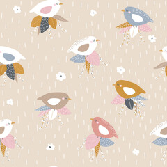 Wall Mural - Seamless pattern with birds and leaves. Cute girlish print. Vector hand drawn illustration.