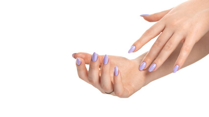 Wall Mural - Female hands with purple lavender gel polish on long nails on a white isolated background. Manicure