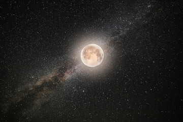 Wall Mural - bright milky way galaxy and full moon. night starry sky background.