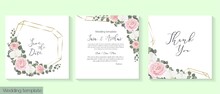 Vector Floral Template For Wedding Invitations. Pink Roses, White Orchids, Eucalyptus, Green Plants And Flowers. Postcard For Your Text.