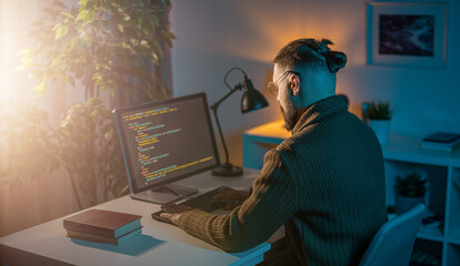 Professional IT specialist sitting at home during evening time and writing data code on modern pc. Concept of people, programming and technology.