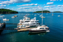 Aerial View Of Sail Boats And Yachts Anchored Offshore In Bar Harbor Maine