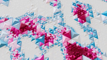 Bright Futuristic Surface With Tetrahedrons. White, Blue And Pink Three-Dimensional 3d Background.