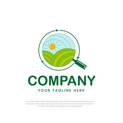 Magnifying glass logo design, farmland circle arrow Rural landscape vector design. farm illustration