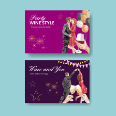 Facebook template with wine party concept,watercolor style