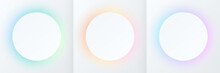 Set Of Blue, Pink-purple And Green Circle Frame On White Background. Abstract 3D Cosmic Color Backdrop. Collection Of Glowing Neon Color On Geometric Background With Copy Space. Top View. Vector EPS10