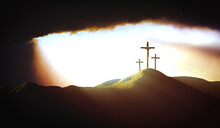 The Sky Over Golgotha Hill Is Shrouded In Majestic Light And Clouds, Revealing The Holy Cross Symbolizing The Death And Resurrection Of Jesus Christ.
