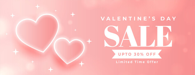 Wall Mural - valentines day sale banner with glowing neon hearts