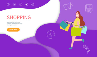 Shopping template symbols and scripts for business professional site. Web development, building of website by using coding languages vector. Woman shopaholic. Webpage landing page in flat