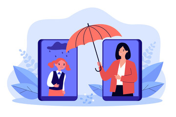 Poster - Counselor with umbrella giving help, support and care to girl. Online communication of woman and sad child on flat vector illustration. Therapy concept for banner, website design or landing web page