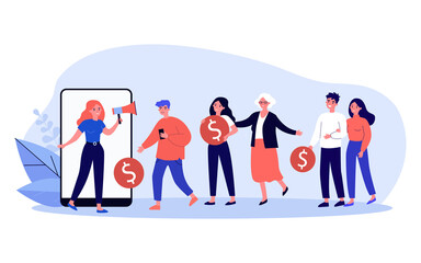 Wall Mural - woman with megaphone inviting friends to referral program. tiny people carrying money flat vector il