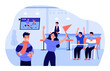 Fans watching hockey match on TV in interior of bar. Female supporter encouraging, holding flag flat vector illustration. Sport game, event concept for banner, website design or landing web page