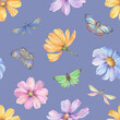 Floral, botanical seamless pattern. Watercolor ornament of flowers, butterflies and dragonflies on an abstract background.