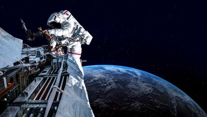 Wall Mural - astronaut spaceman do spacewalk while working for spaceflight mission at space station . astronaut w