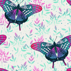 Wall Mural - Seamless pattern with vintage butterfly and leaves on white background. Trendy animal motif wallpaper. Fashionable background for fabric, textile, design, banner, cover, web etc.