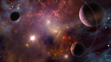 Wall Mural - space journey slowly flying through universe among planets galaxies stars and nebulae