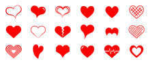 Set Of Red Color Hearts On An Isolated Background. The 14th Of February. Valentine's Day. Set Of Hearts For Your Design. Vector EPS 10