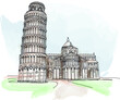 The Tower of Pisa and Cathedral of Santa Maria Assunta. Pisa, Tuscany, Italy. Watercolor, vector illustration for travel magazine, social media post, poster, postcard 