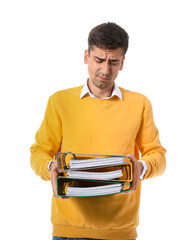 Poster - Upset young man with folders on white background