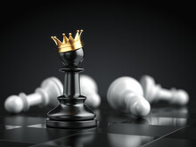Chess Pawn With Crown On Chess Board Game. Success Strategy Startup Busines Concept. 3d Rendering