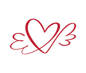 Wall Mural - Love icon vector calligraphic heart with wings. Hand drawn valentine day calligraphy logo. Decor for greeting card, mug, photo overlays, t-shirt print, flyer, poster design