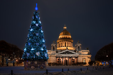 St.Petersburg winter night cityscape of historical center with New Year and Christmas decorations