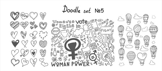 Wall Mural - A set of doodle signs of feminism, women s rights, set of hot air balloons and hearts. Hand drawn vector icons of Feminism protest symbols, icons for 8 march. A rally to fight for voting rights. Sky