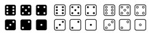Dice. Vector Die Game Icons. Casino Cubes Illustration. Set Of Black Flat Cubes With Dots From One To Six. Cramps Play, Gambling And Vegas Pictograms Isolated For Web.Cartoon Clipart Of Random,chance